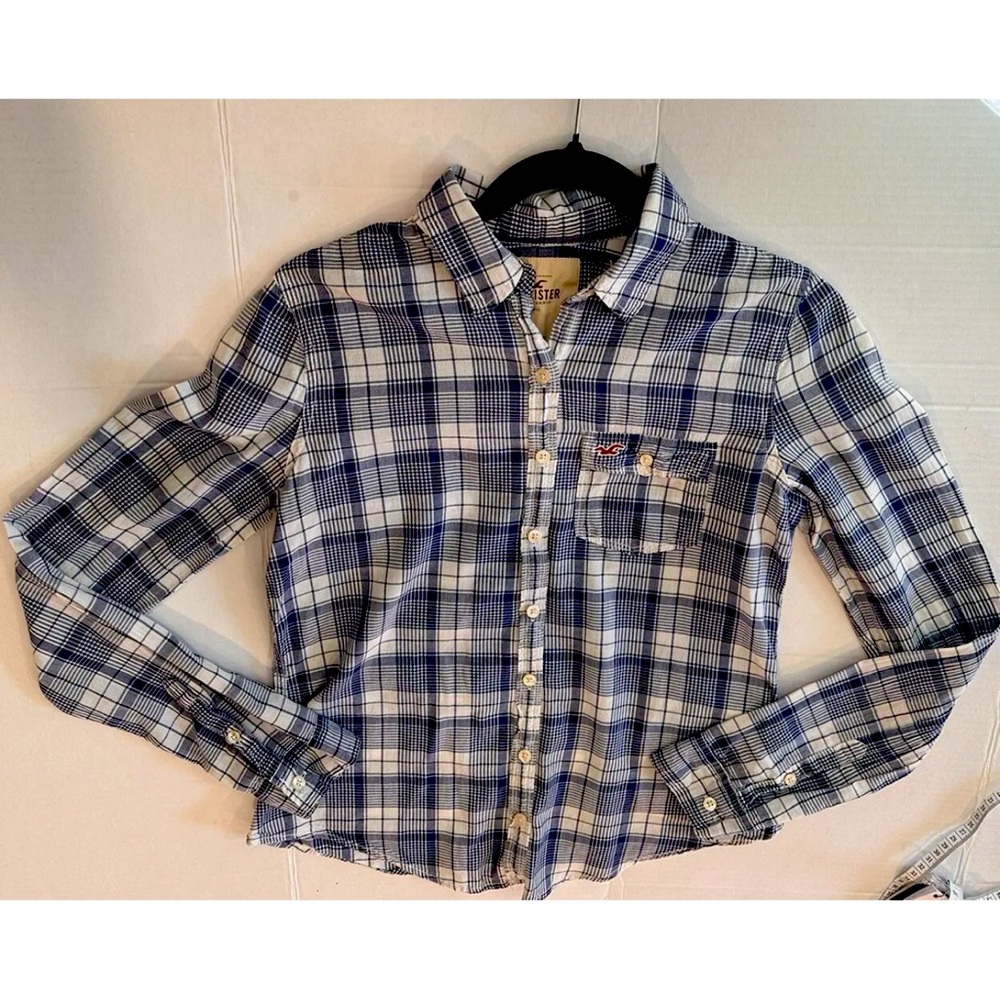 Womens HOLLISTER 100% Cotton Navy Blue White‎ Plaid Blouse Size Medium